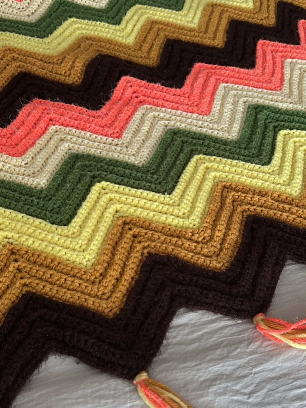 Chevron Crochet Granny Throw in Brown, Mustard, Yellow, Green & Coral